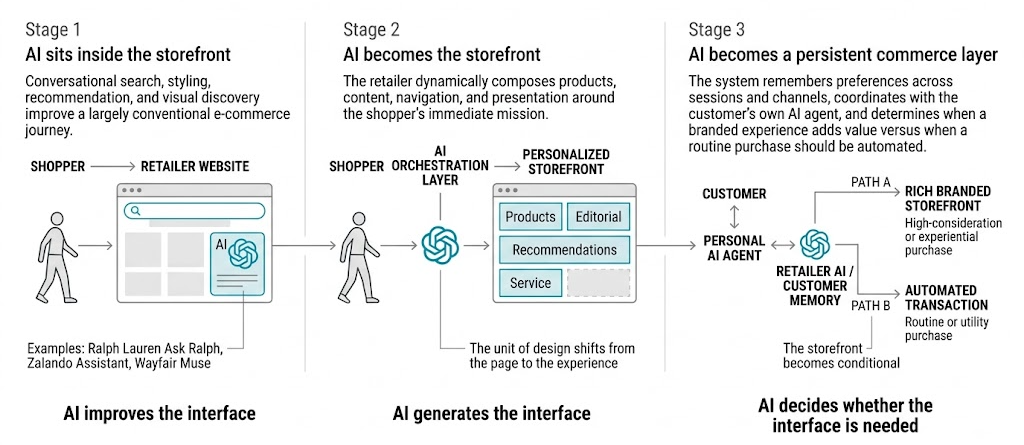 Diagram of the three stages AI will reshape online retail. Stage 1: AI sits inside the storefront (conversational search, styling, recommendation). Stage 2: AI becomes the storefront (the retailer dynamically composes products, content, navigation and presentation around the shopper's mission). Stage 3: AI becomes a persistent commerce layer (the system remembers preferences across sessions and channels, and determines when a routine purchase should be automated).